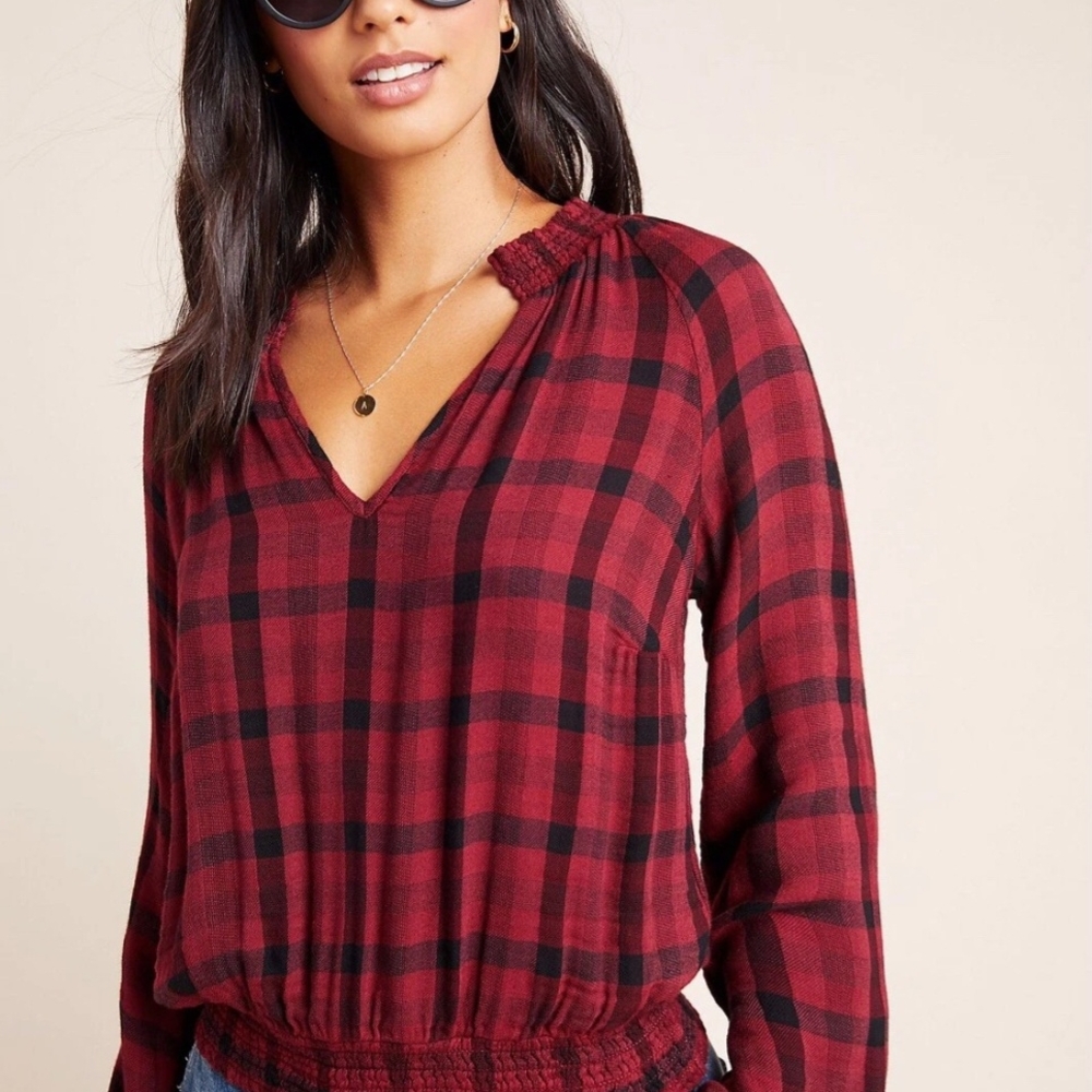 Anthropologie Red and Black Mandarin Collar Blouse